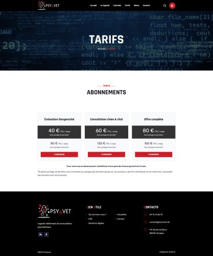 Page tarif du site Psy4vet